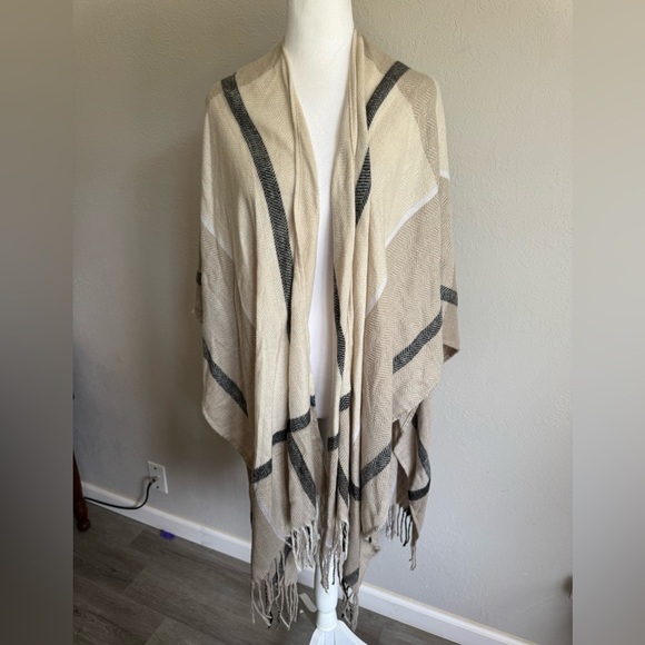 Three Dots Sweaters - Three Dots Tan Black Checkered Cashmere Wool Blend Shawl Cardigan Womens OS